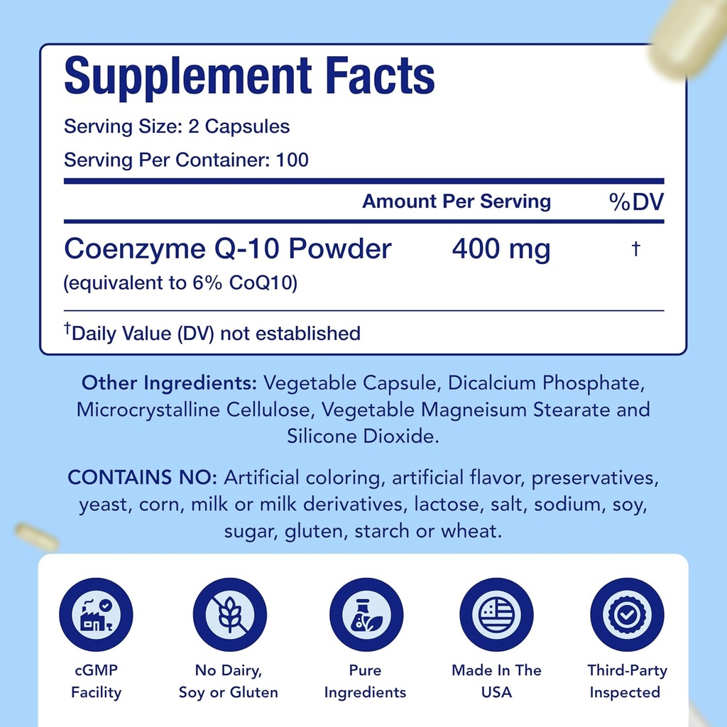 CoQ10 400mg Capsules | Vegan Friendly Coenzyme Q10 400mg per Serving from Easy Absorption Ubiquinone Supplement for Skin Heart and Energy Support | Made in the USA in cGMP Facilities (100 Servings) 5