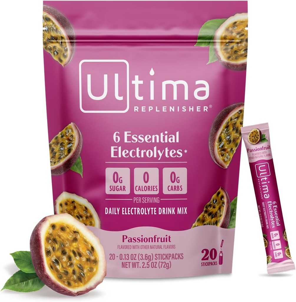 Ultima Replenisher Daily Electrolyte Powder Drink Mix – Sugar Free – Passionfruit, 20 Stickpacks – Hydration Packets with 6 Electrolytes and Trace Minerals – Keto Friendly, Non-GMO 2
