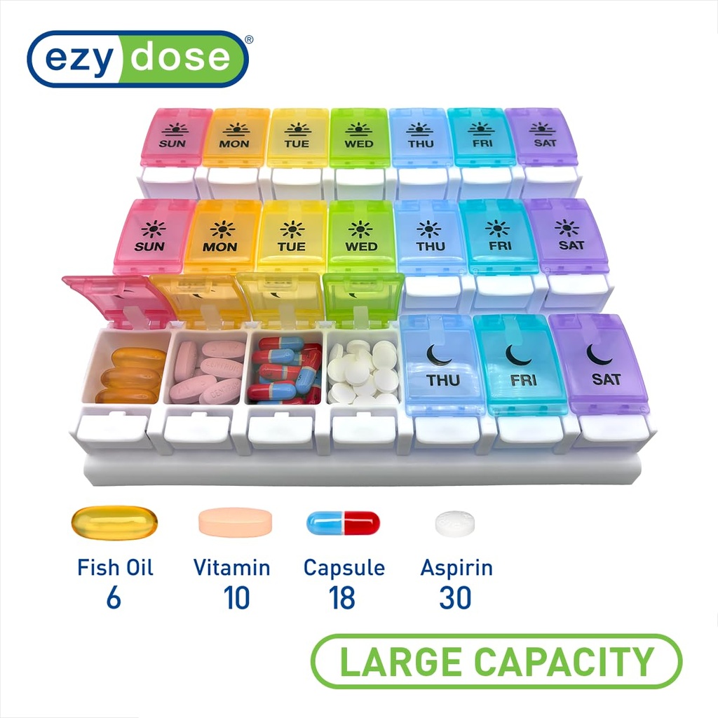 EZY DOSE Weekly (7-Day) Pill Case, Daily Medicine Planner, Vitamin Organizer Container, Large Push Button Compartments, Easy to Use, 3 Times a Day, Spring Open Design, Rainbow Lids, BPA Free 3