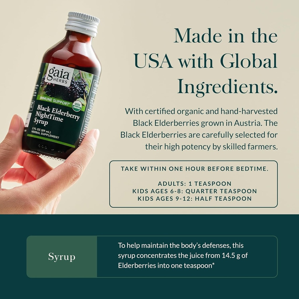 Gaia Herbs Black Elderberry, Nighttime Syrup - Immune Support Supplement - with Organic Black Elderberries, California Poppy & Lemon Balm for Restful Sleep & Immune Defense - 3 Fl Oz (18-Day Supply) 5
