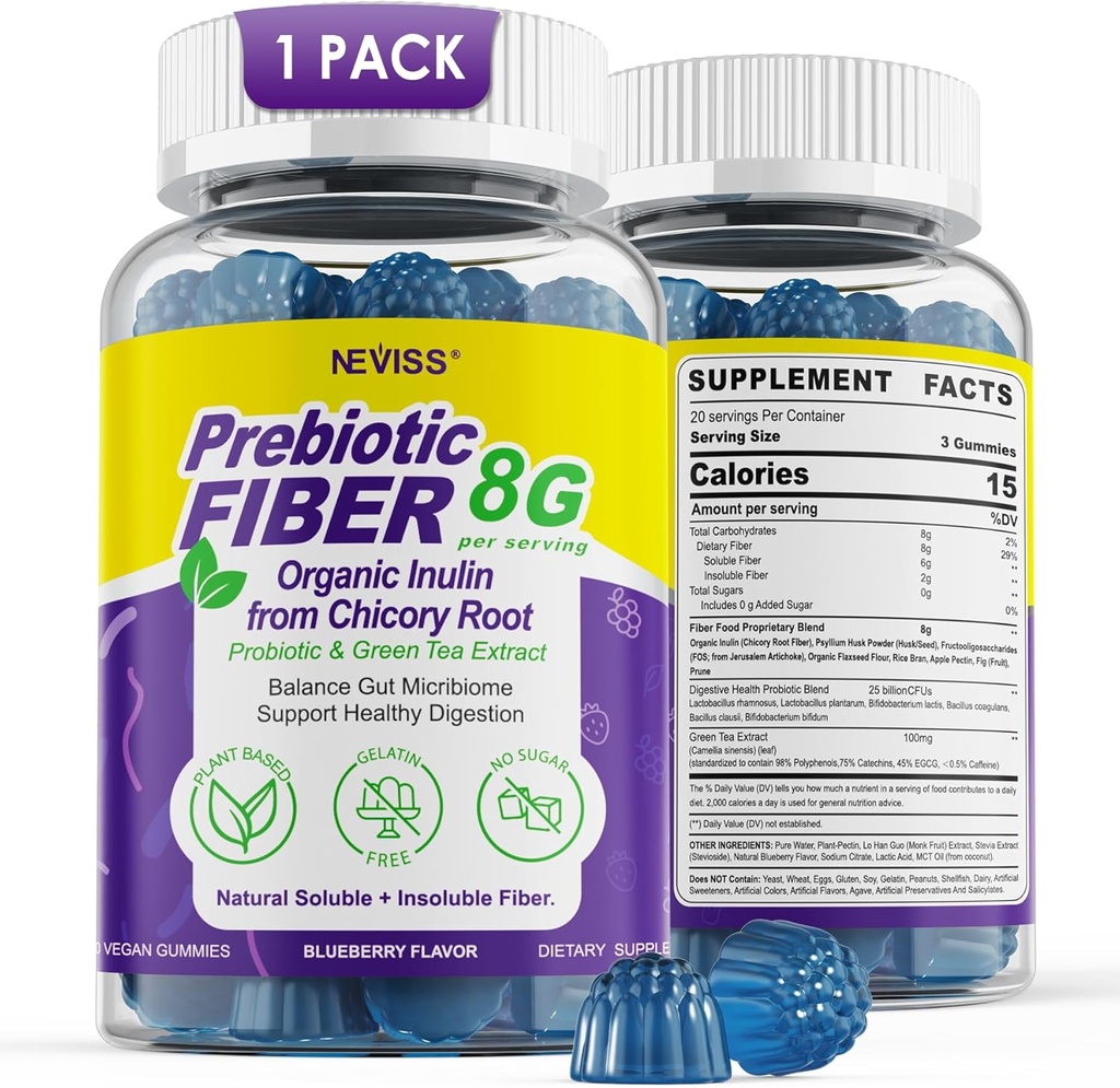 Fiber Gummies for Adults 8g (Inulin, Psyllium Husk, FOS More) with Probiotics, Green Tea Extract, Sugar Free Plant Based Fiber Supplement Blend for Digestive Health, Regularity, Non-GMO, Vegan, 60Cts 2