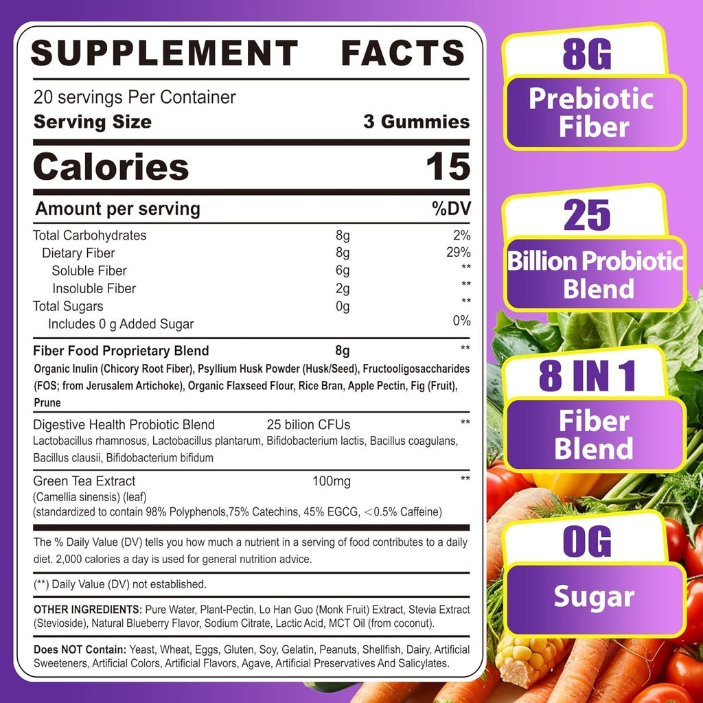 Fiber Gummies for Adults 8g (Inulin, Psyllium Husk, FOS More) with Probiotics, Green Tea Extract, Sugar Free Plant Based Fiber Supplement Blend for Digestive Health, Regularity, Non-GMO, Vegan, 60Cts 3