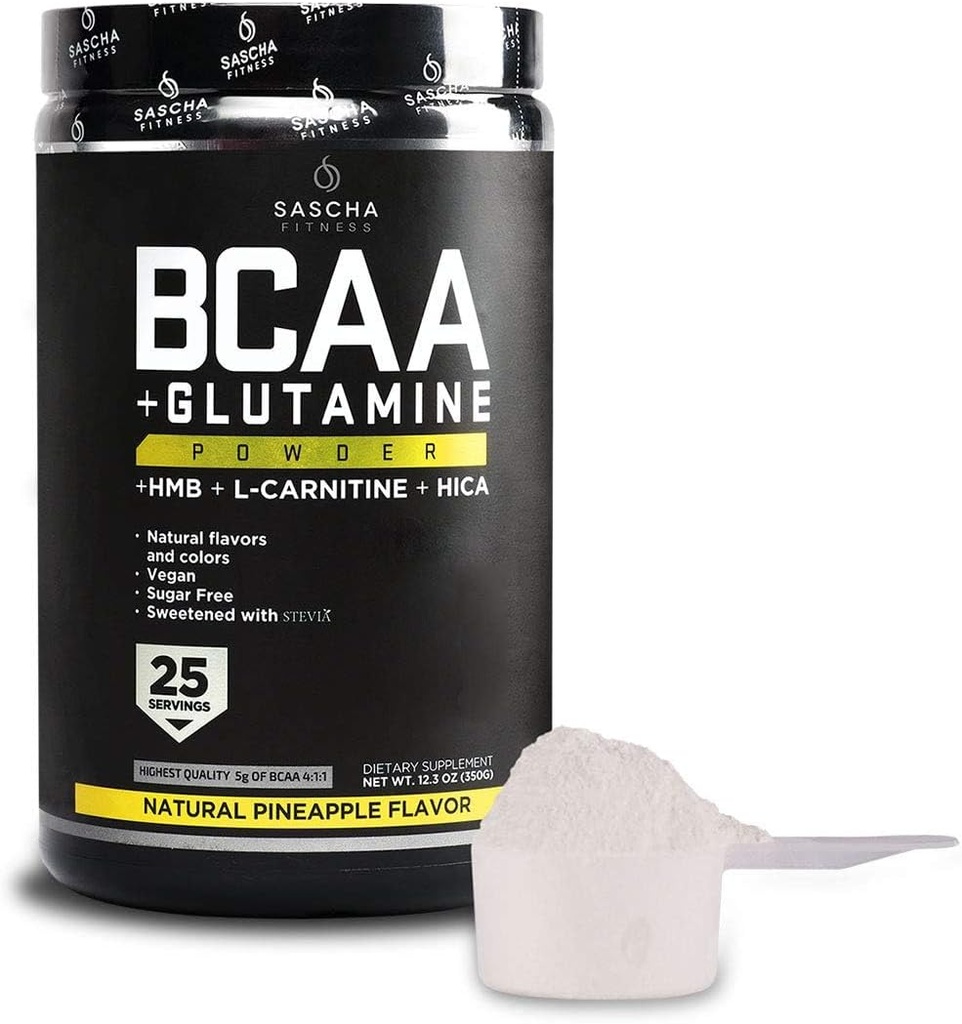 SASCHA FITNESS BCAA 4:1:1 + Glutamine,HMB,L-Carnitine, HICA | Powerful and Instant Powder Blend with Branched Chain Amino Acids (BCAAs) for Pre, Intra and Post-Workout|Natural Pineapple Flavor,362.5g 5