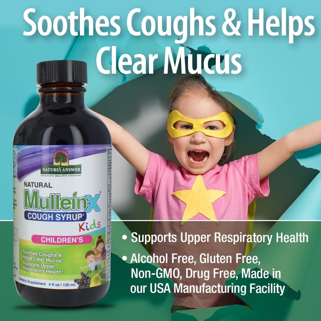 Nature's Answer Mullein X Kids Cough Syrup 4 Ounce - Soothes Coughs, Clears Mucus, Respiratory & Lung Support, Non GMO, Gluten Free, Non Drowsy, Mucus Relief - Natural Honey Flavor 6