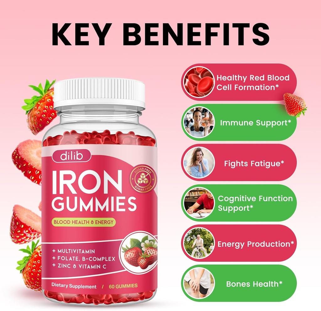Iron Gummies with Multivitamin, Iron Supplement for Women & Men with Zinc, Vitamin B Complex & C, B12, Folate - Blood Builder & Energy Support for Adults & Kids - Strawberry Flavor, Vegan 60 Gummies 4