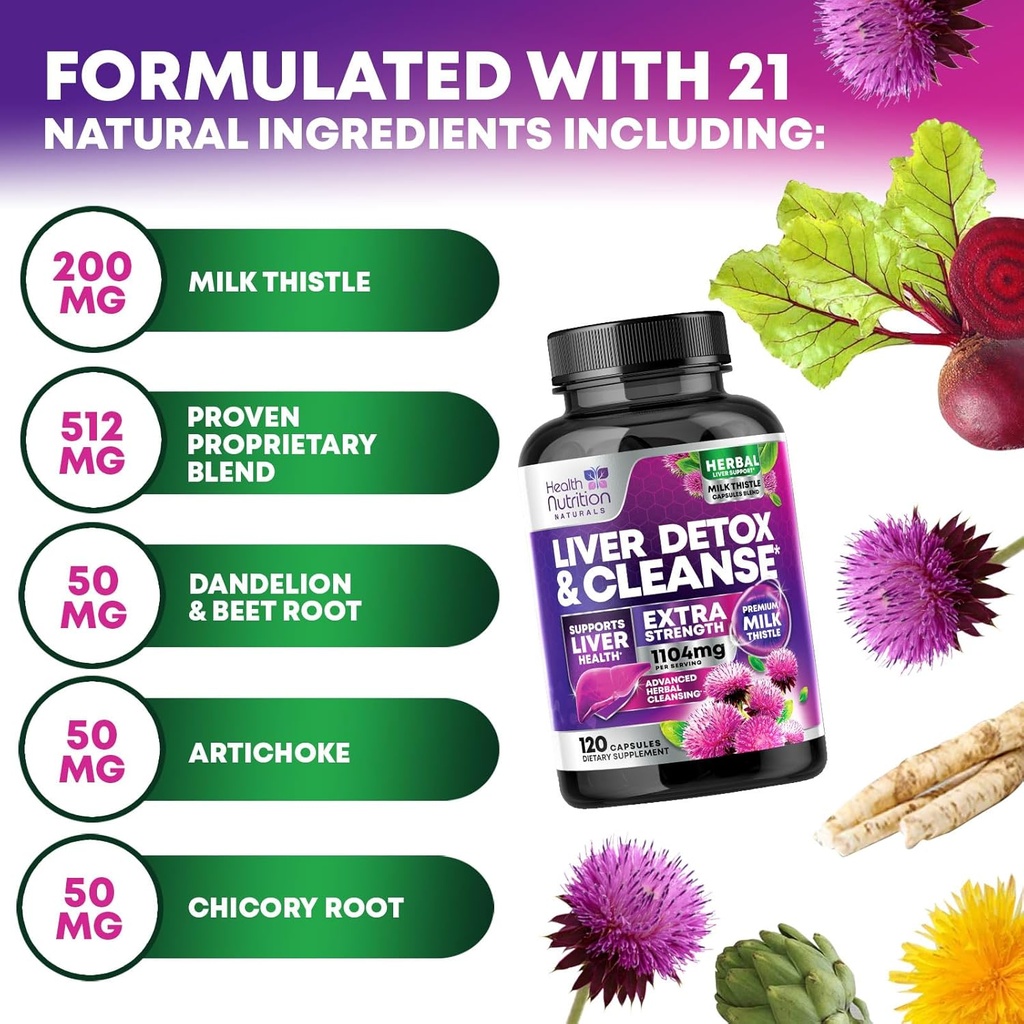 Gentle Liver Cleanse Detox & Repair Formula - Advanced Liver Support Supplement with Silymarin Milk Thistle, Dandelion Root, Artichoke Extract, Turmeric, Choline, & Beetroot - 120 Veggie Capsules 4