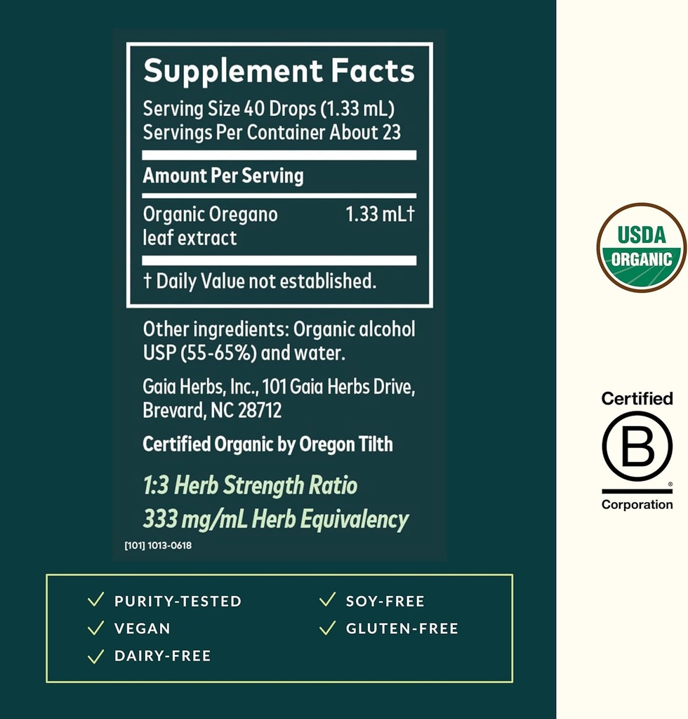 Gaia Herbs Oregano Leaf - Immune Support Herbal Supplement - with Oregano Leaf Extract - Certified Organic - 1 Fl Oz (23 Servings) 4