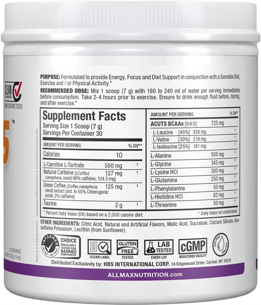 ALLMAX Nutrition AMINOCUTS (ACUTS), Amino-Charged Energy Drink with Taurine, L-Carnitine, Green Coffee Bean Extract, Grape, 30 Servings 6