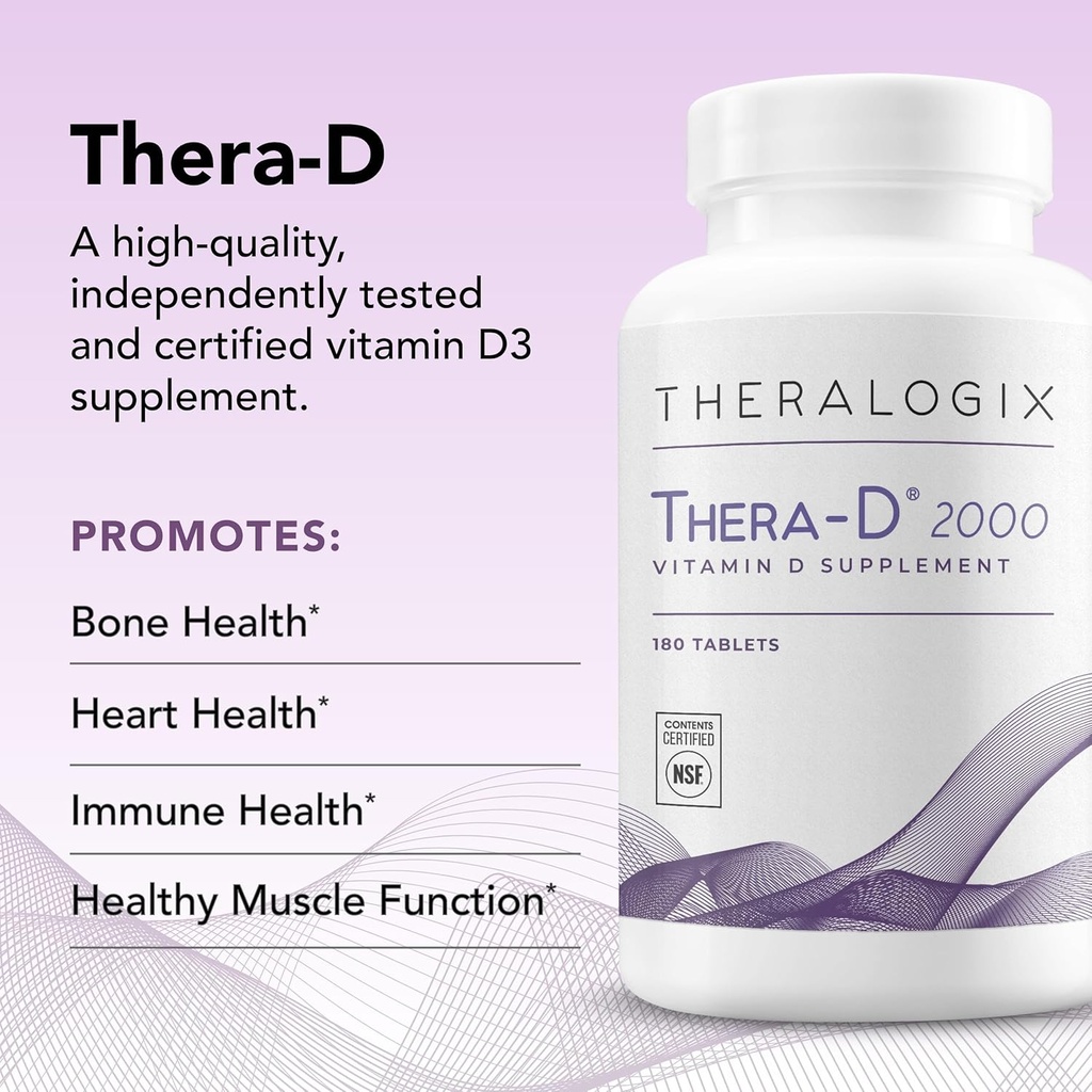 Theralogix Thera-D 2000 Vitamin D Supplement - 2,000 IU (50 mcg) Vitamin D3 Tablets - 180-Day Supply - Immune Support Supplement for Women & Men - Aids Bone & Heart Health - NSF Certified -180 Tablets 5