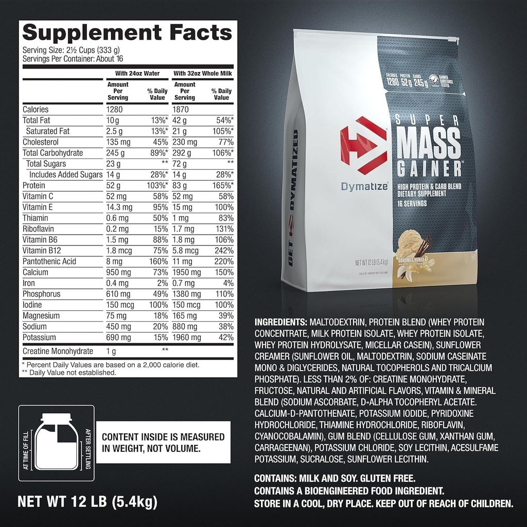 Dymatize Super Mass Gainer Protein Powder, Gourmet Vanilla, 52g Protein, 1g Creatine, 1280 Calories, 10.7g BCAAs, 245g Carbs, Contains Whey Protein, Isolate, and Casein (16 Servings) 3