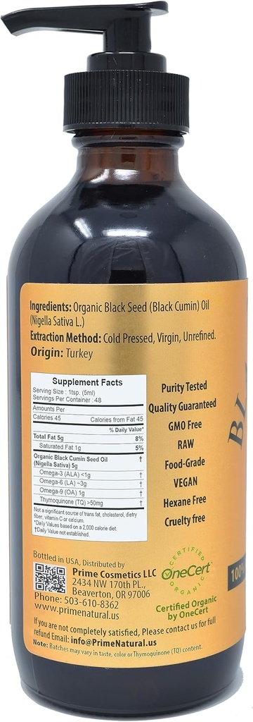 PRIME NATURAL Organic Black Seed Oil 8oz | Cold Pressed Unrefined High Thymoquinone 1.7% USDA Certified | Turkish Origin Potent Pure Nigella Sativa Liquid | Vegan Omega 3 6 9, Antioxidant 3