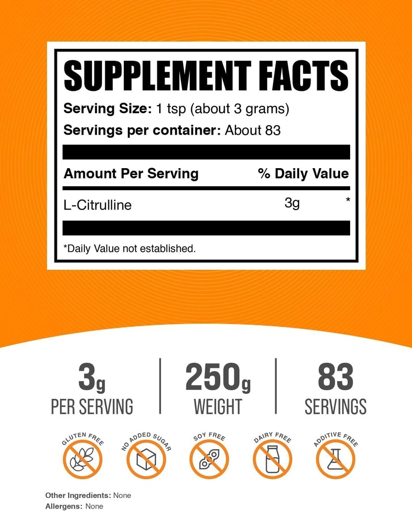 BulkSupplements.com L-Citrulline Powder - Citrulline Supplement, Nitric Oxide Supplement - Unflavored & Gluten Free - 3g per Servings, 250g (8.8 oz) (Pack of 1) 3
