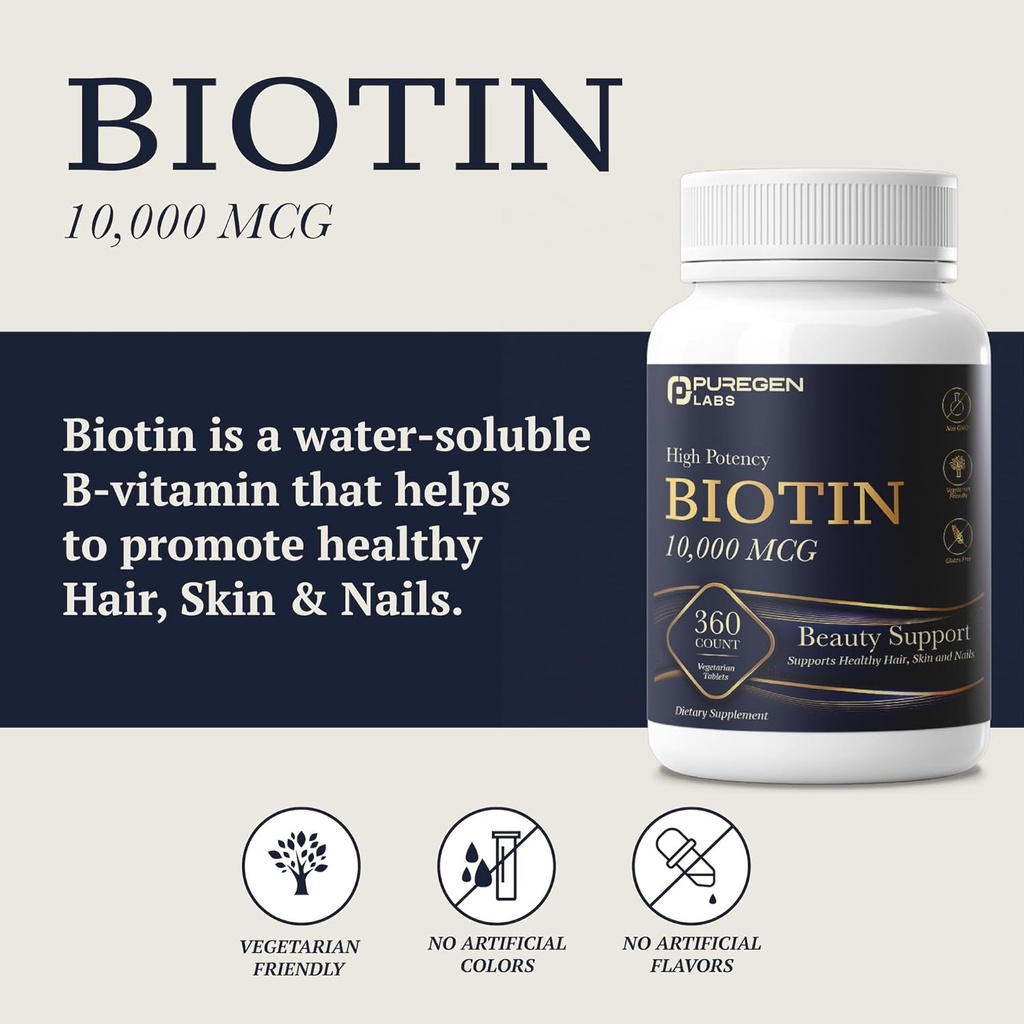Puregen Labs Biotin 10,000 MCG Supports Healthy Hair, Skin & Nails - High Potency Beauty Support - Non-GMO, Gluten Free | 360 Vegetarian Tablets 4