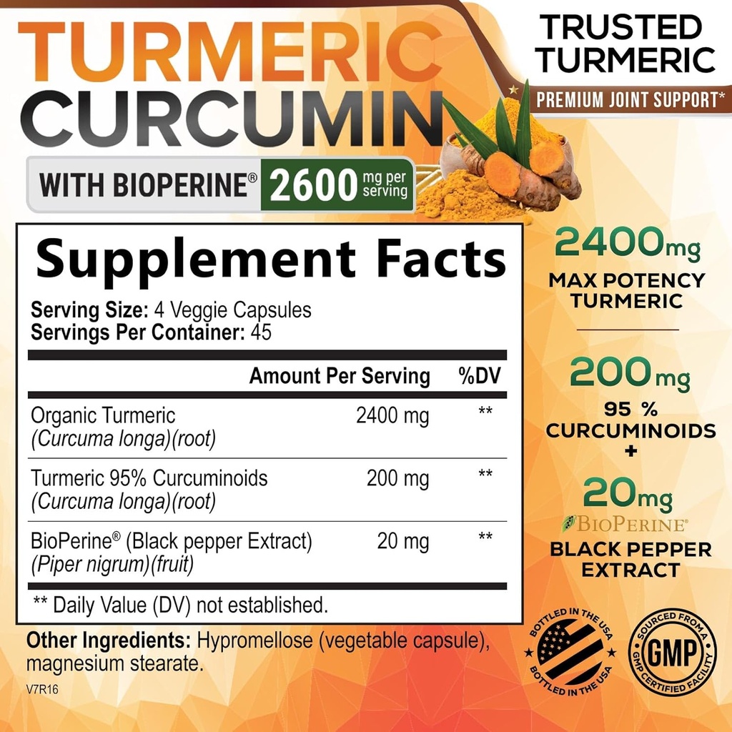 Turmeric Curcumin Supplement 2600mg - 95% Curcuminoids with Organic Turmeric & BioPerine Black Pepper Extract for Best Absorption, Natural Vegan Joint Support, Non-GMO, Bottled in USA - 180 Capsules 3