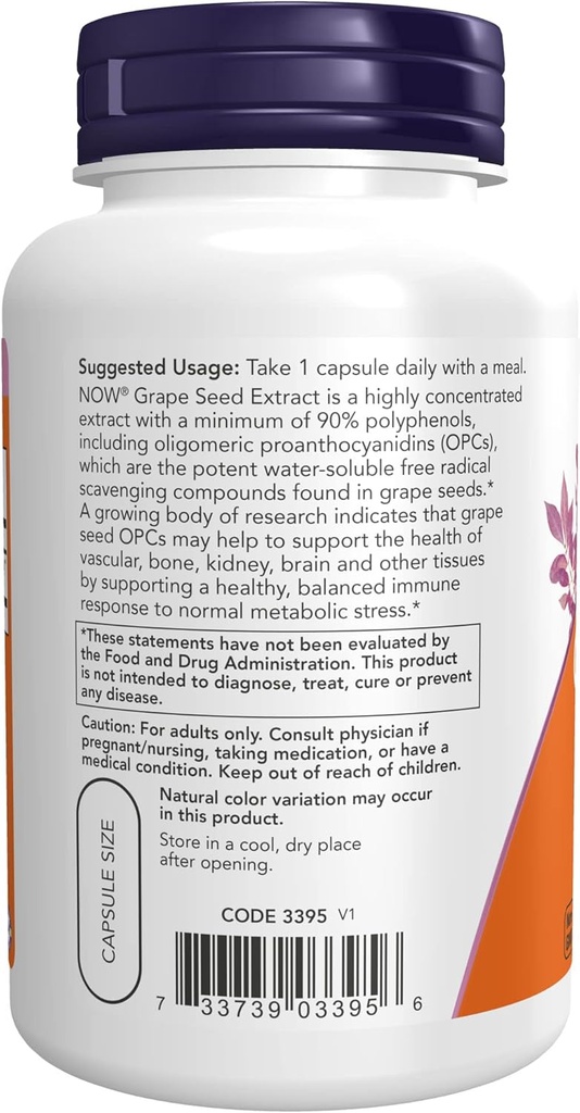 NOW Supplements, Grape Seed Extract, Maximum Strength 500 mg (a Highly Concentrated Extract with a Minimum of 90% Polyphenols), 90 Veg Capsules, Red/Brown, 0.25 pounds (Pack of 2) 4