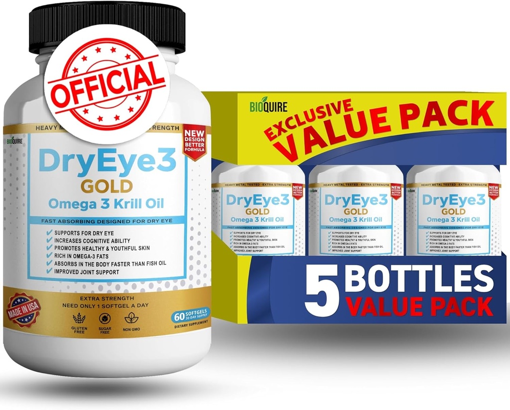 Dry Eye 3 Gold Omega 3 Krill Oil Extra Strength, 60 Softgels, Dry Eye Support, Non-GMO, Gluten Free, Sugar Free (5) 2