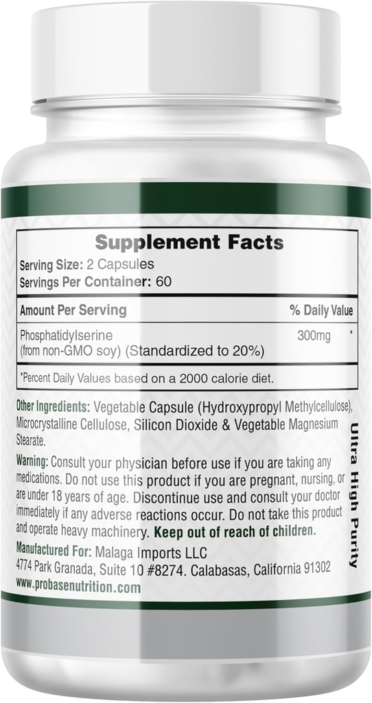 Probase Nutrition Phosphatidylserine 300mg Supplement Brain Health and Memory Support Non-GMO Gluten Free 120 Capsules Phosphatidyl Serine Complex 4