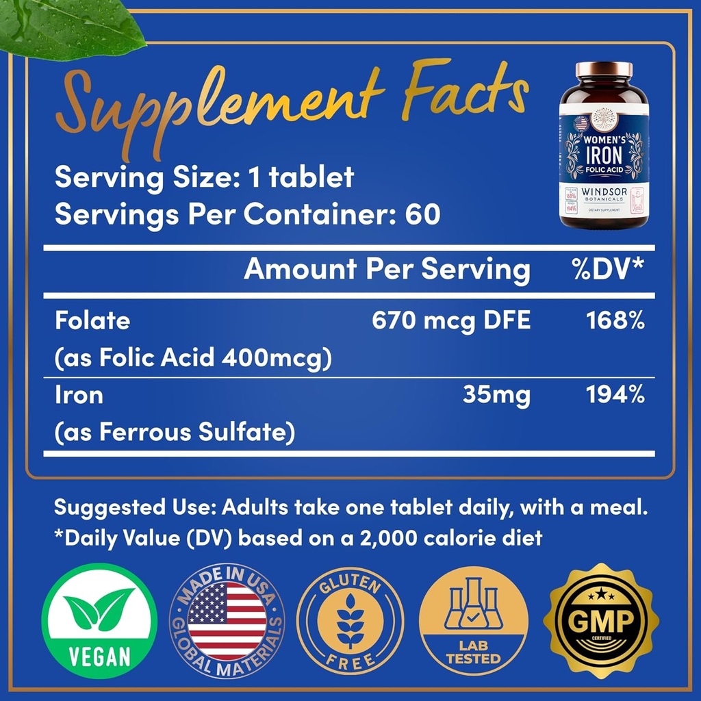 WINDSOR BOTANICALS Liquid Iron Supplements for Anemia - Folic Acid, Vitamin C, Vegan Blood Builder and Anemia Supplement - 2 oz Orange Flavor Gentle Iron Drops for Women 3