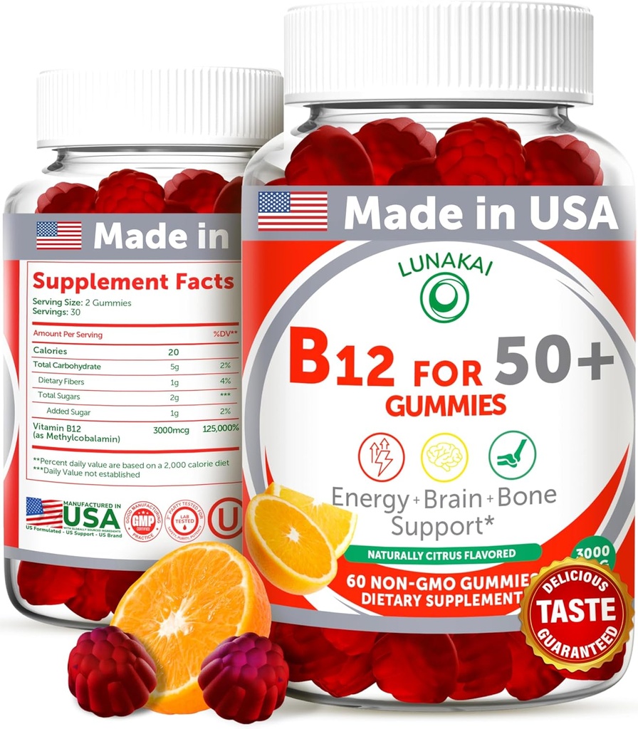 Lunakai USA Made Vitamin B12 Gummies for Adults 50+, Non-GMO B12 for Energy & Vitality Boost, Delicious Orange Flavor, 60ct 2