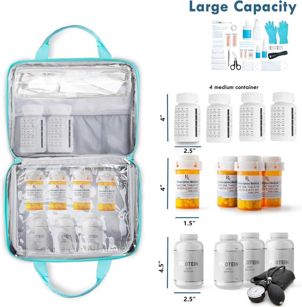 BAGSFY Medicine Bag for Traveling, Pill Bottle Organizer Storage, Large Medication Travel Case, Pills Box for Vitamin, First Aid Kit Bags Empty. (Comes with Weekly Pill Organizer) 4