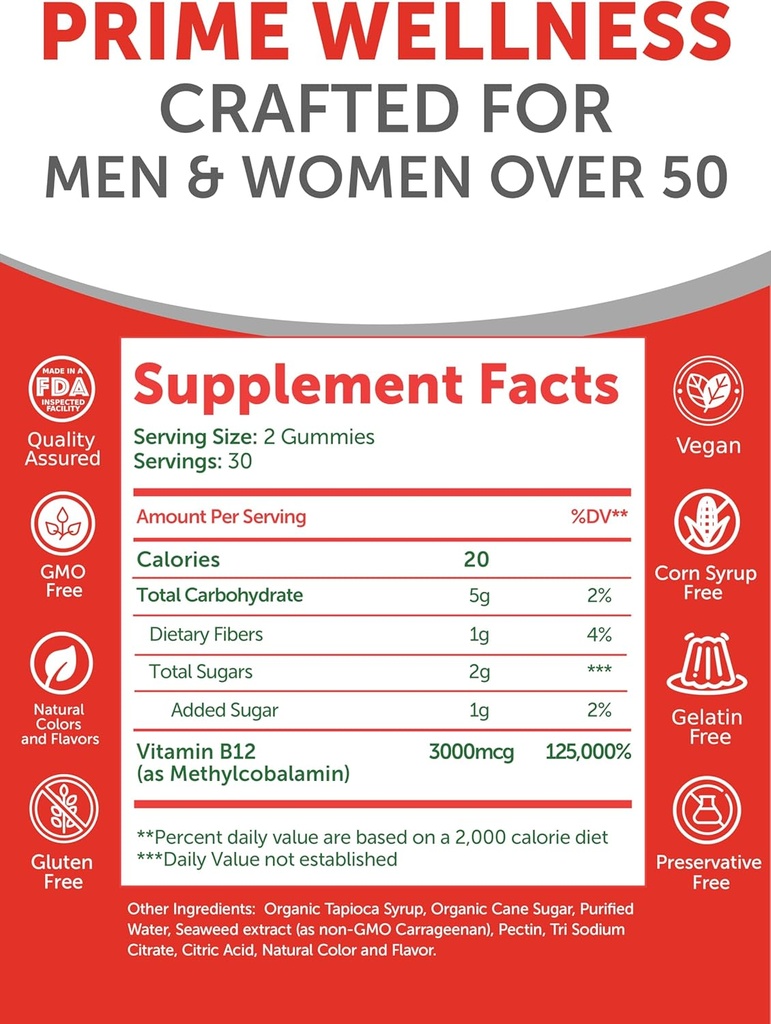 Lunakai USA Made Vitamin B12 Gummies for Adults 50+, Non-GMO B12 for Energy & Vitality Boost, Delicious Orange Flavor, 60ct 6