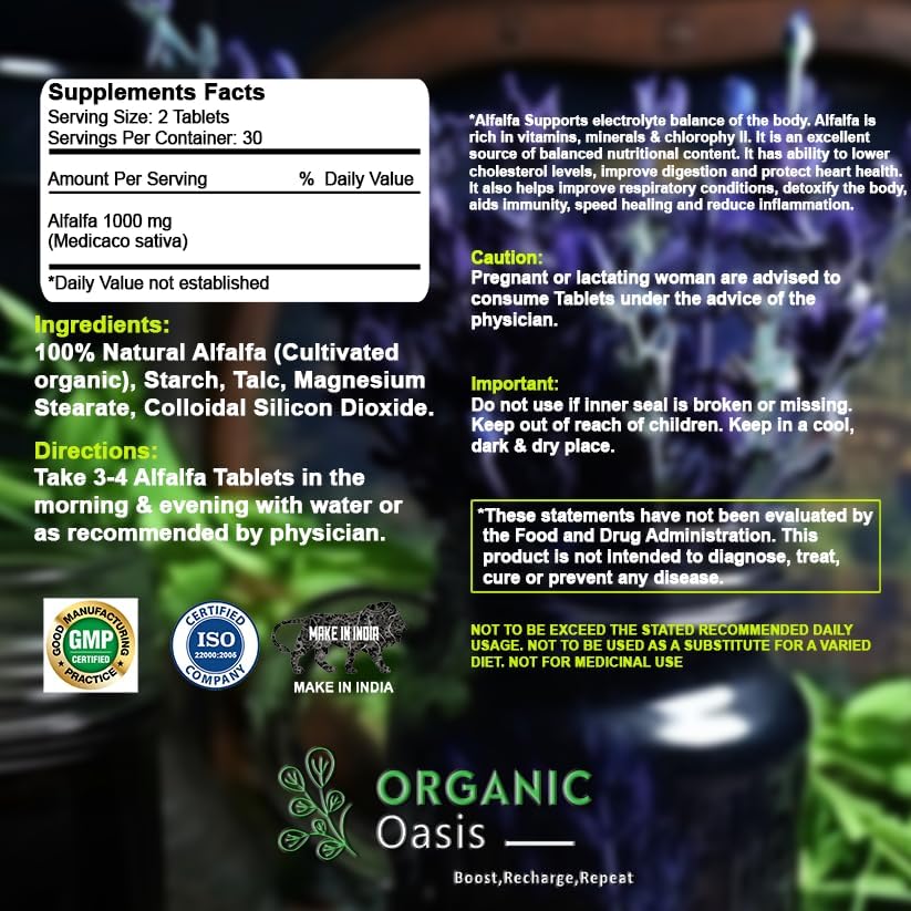 Alfalfa Medicago Sativa Tablets, 60 Tablets, Improves Respiratory Health and Bowel Movements, Boosts Immune System,Organic and Natural | Superfood Supplement | Vegan 6