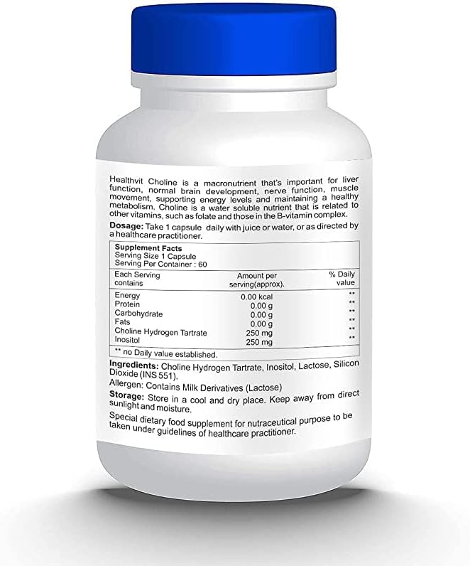 Choline Hydrogen Tartrate 250mg & Inositol 250 Mg - 60 Capsules | Energy Metabolism, Liver Health, Essential for Brain & Nerve Function - Non-GMO, Vegan, Gluten Free, Dairy Free 3