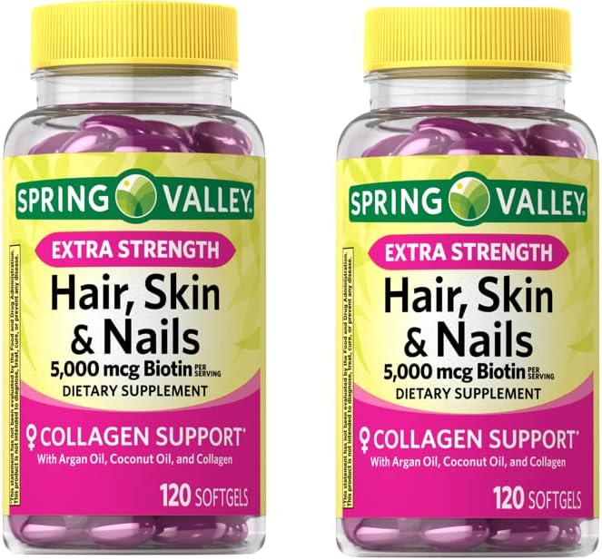 Anexa Spring Valley Extra Strength Biotin Hair, Skin & Nails Dietary Supplement, 5,000 mcg, 120 Count (Pack of 2), 240 Count (Pack of 1) 2