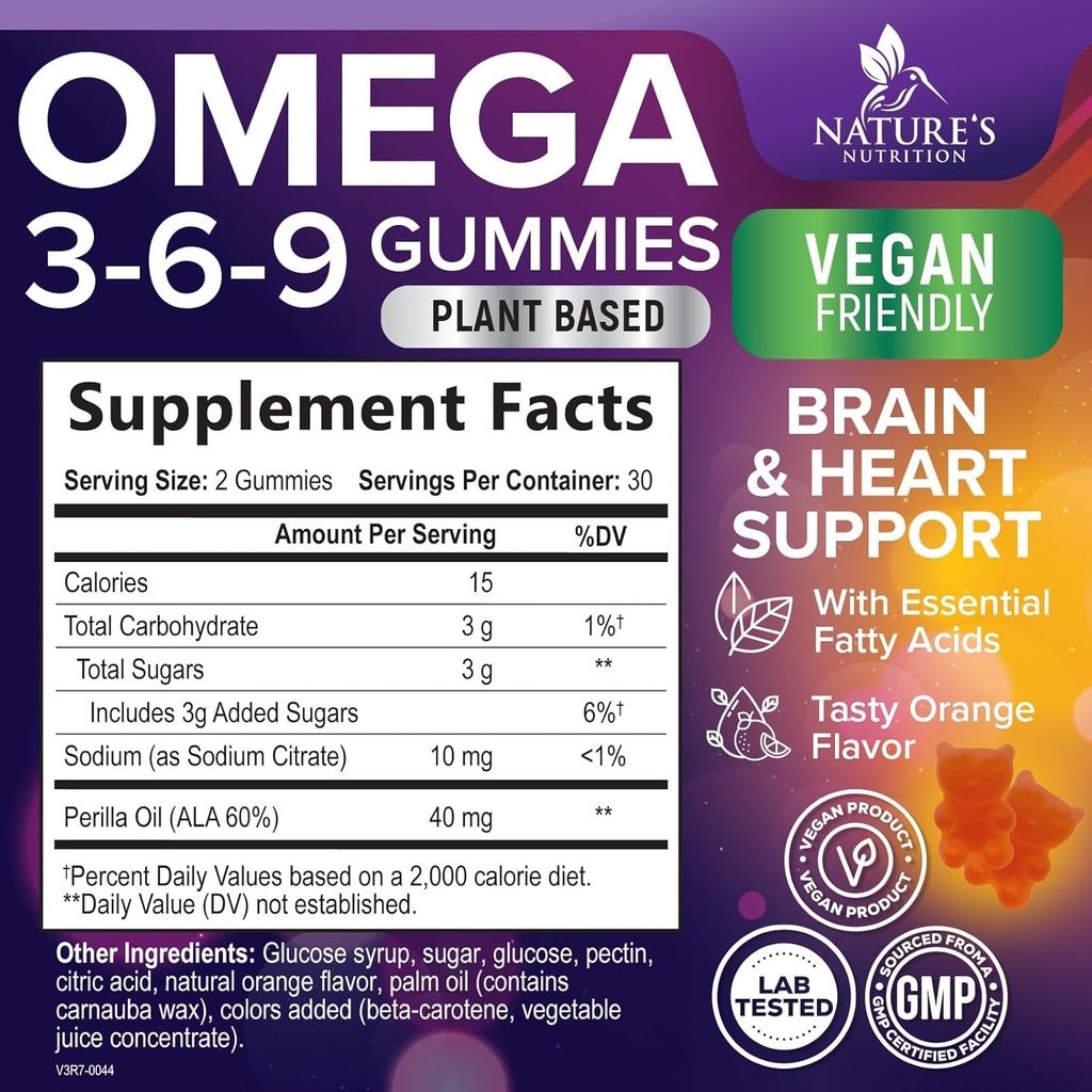 Omega 369 Gummies - Vegan Triple Omega 3 Supplement Gummy - Essential Fatty Acids Oil 3 6 9 Complex Heart Support and Brain Support for Women, Men & Pregnancy, Fish Free Non-GMO, Orange - 60 Gummies 3