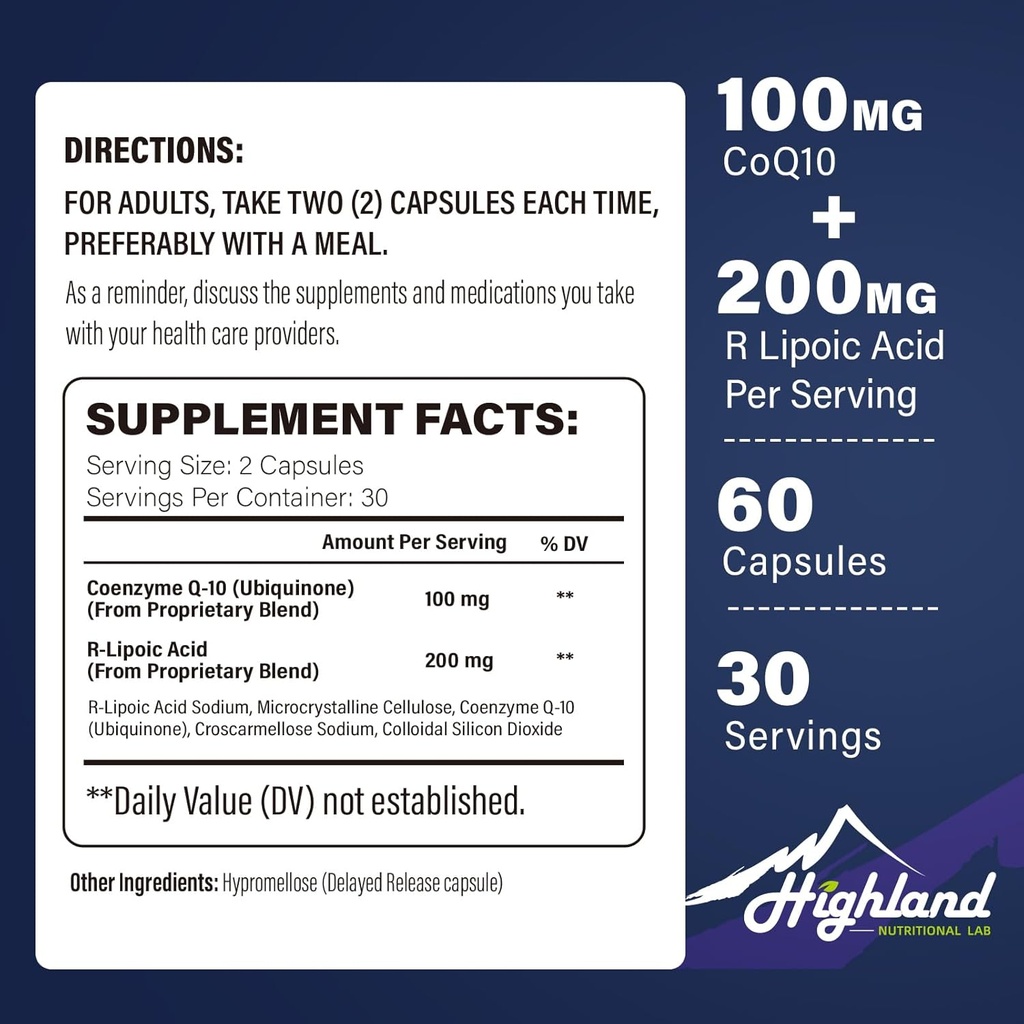 CoQ10 100mg + R-Lipoic Acid 200mg ανά υπηρεσία, 1 Μήνα προσφοράς, έως 5X βελτιωμένη απορρόφηση, R-Lipoic Acid/CoQ10 συμπλήρωμα για την υγεία της καρδιάς και γνωστική υγεία-60 κάψουλες