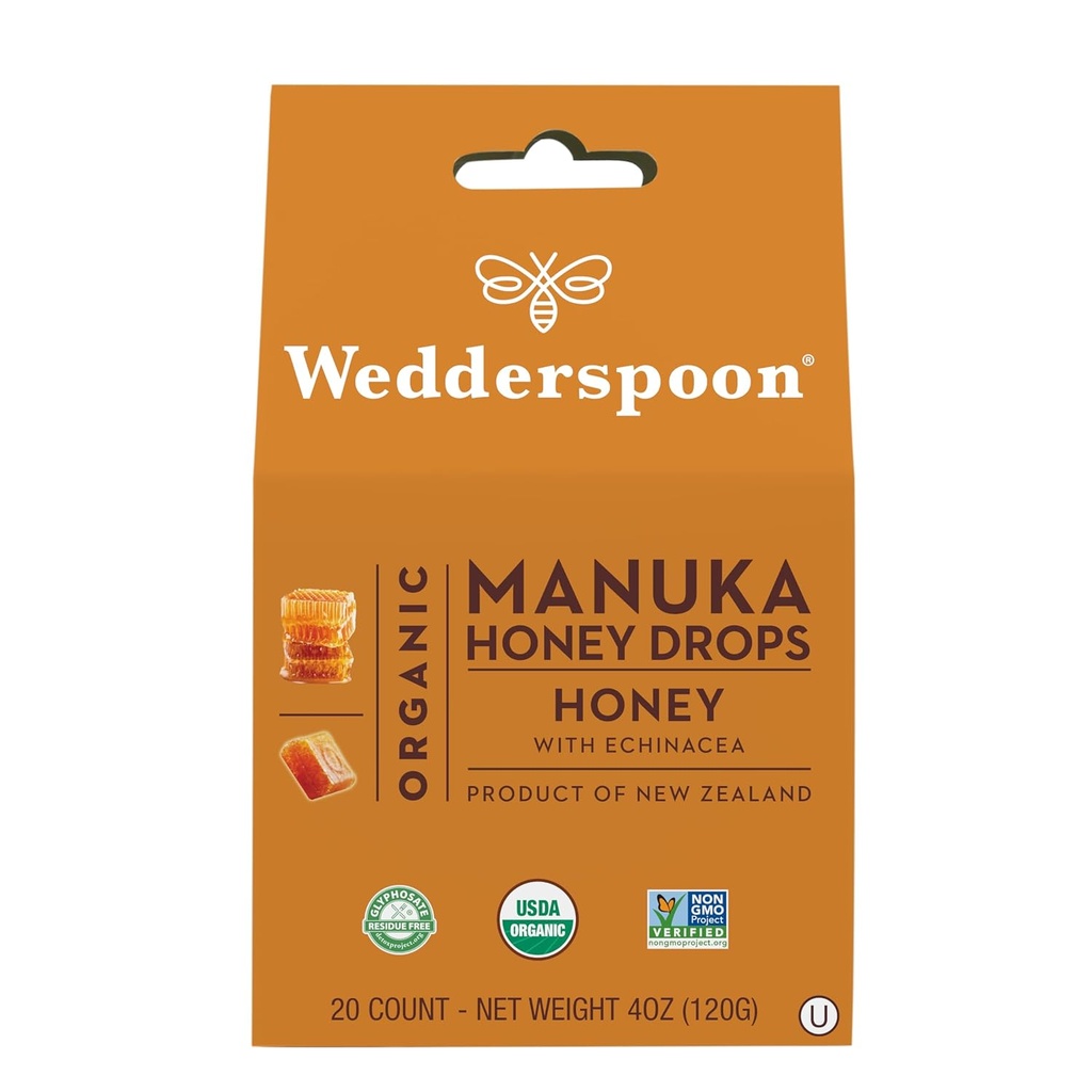 Wedderspoon Organic Manuka Honey Drops, Honey & Echinacea, 20 Count (Pack of 1) 