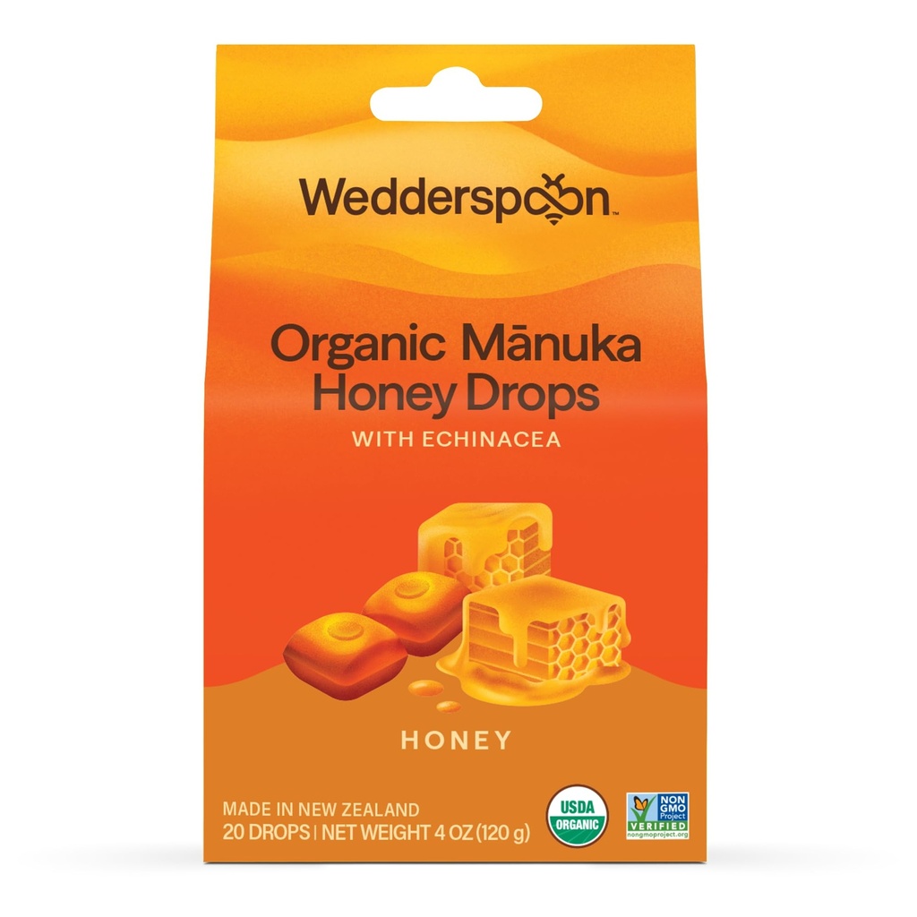 Wedderspoon Organic Manuka Honey Drops, Honey & Echinacea, 20 Count | USDA Organic | Genuine New Zealand Honey, Natural Remedy for Dry Throat