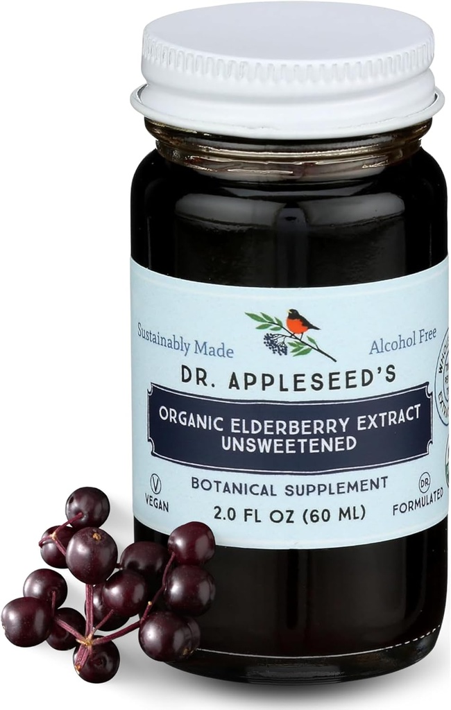 Organic Elderberry Extract Dr. Appleseed's Unsweeted Max Strength 11,000mg Παιδιά + Ενήλικες ημερήσιο συμπλήρωμα ανοσοποιητικού Γιατρός-μορφοποιημένη επιστήμη-backed Pure Vegan 24 ημέρα προσφοράς – 2 Fl Oz