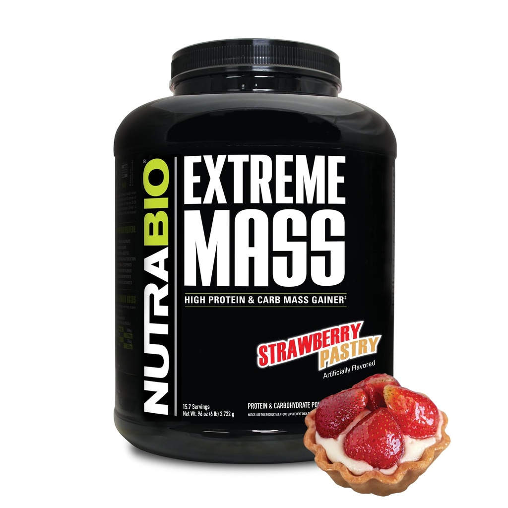 NutraBio Extreme Mass Gainer Protein Powder, 53G Protein, Καθαρό Βάρος Κερδιστής, Αύξηση της μυϊκής μάζας, Full Spectrum Amino Acid - Φράουλα Ζαχαροπλαστική, 6 Λίρες