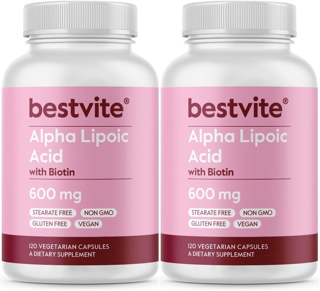 Alpha Lipoic Acid 600mg (ανά καψάκιο) με Βιοτίνη για την ενίσχυση της απορρόφησης (240 κάψουλες χορτοφάγων) (2 x 120) Χωρίς πληρωτικά - Χωρίς Stearates - Χωρίς παράγοντες ροής