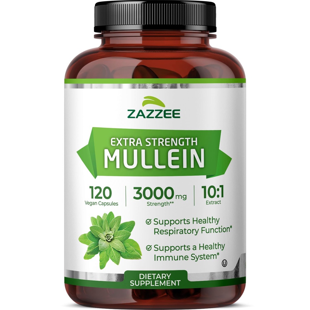 Zazzee Extra Strength Mullein 10:1 Extract, 3000 mg Strength, 120 Vegan Κάψουλες, 4 μήνες προσφοράς, Standardized 10X Extract, 100% Pure Leaf Powder, All-Natural and Non-GMO, Made in The USA