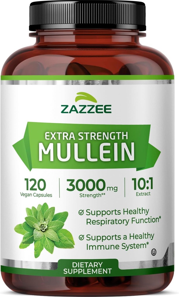 Zazzee Extra Strength Mullein 10:1 Extract, 3000 mg Strength, 120 Vegan Capsules, 4 Month Supply, Standardized 10X Extract, 100% Pure Leaf Powder, All-Natural and Non-GMO, Made in The USA