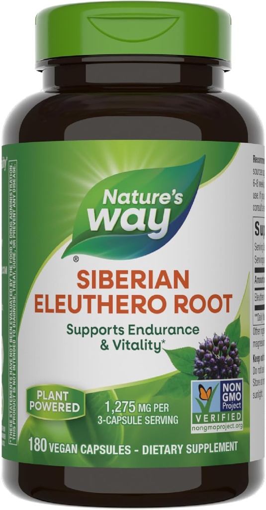 Nature's Way Premium Herbal Siberian Eleuthero Root Supplement, Supports Endurance & Vitality*, Adaptogen*, 1,275mg per 3-Capsule Serving, Non-GMO Project Verified, 180 Capsules (Packaging May Vary)