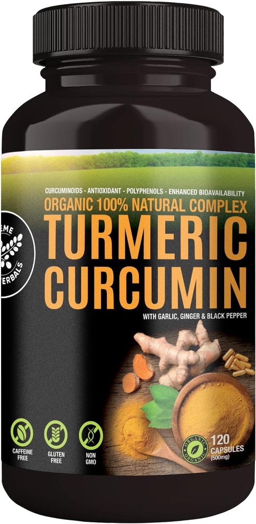 100% Raw and Organic Turmeric Curcumin Capsules. Certified Organic, Gluten-Free, Non-GMO, and Caffeine-Free. Enhanced with Garlic, Ginger and Black Pepper, 500mg, 120 Vegan Capsules
