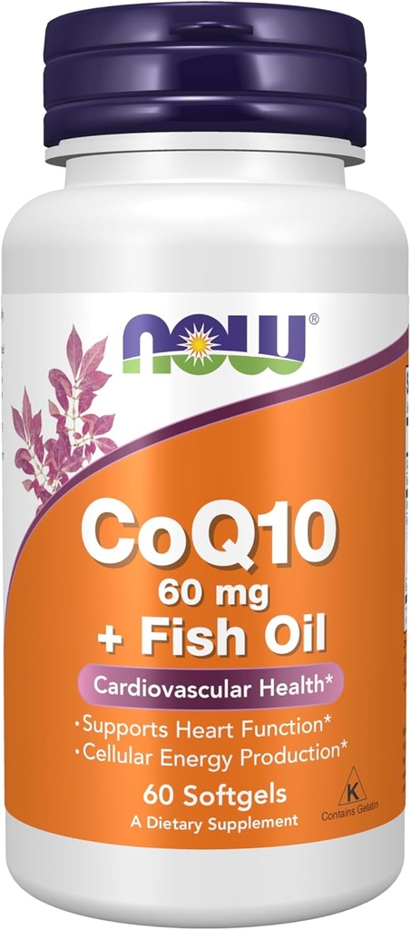 NOW Συμπληρώματα Τροφίμων, CoQ10 60 mg με Ωμέγα 3 ιχθυέλαιο, Καρδιαγγειακή Υγεία*, 60 Softgels