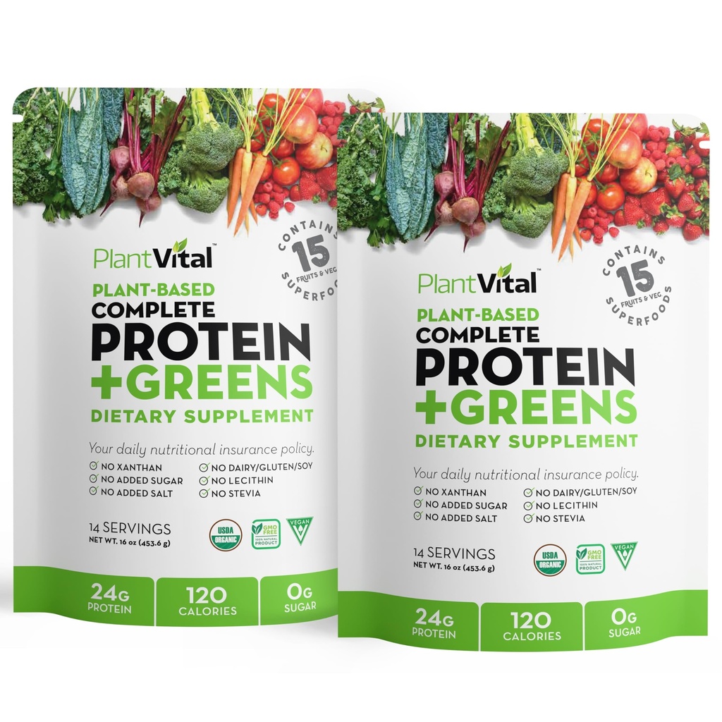 Plantvital Unflavored Organic Vegan Protein Powder - 15 Superfoods, Veggies and Probiotics - Organic Plant-Based Protein Powder - All BCAA’s, Gluten Free - 16oz (Pack of 2)