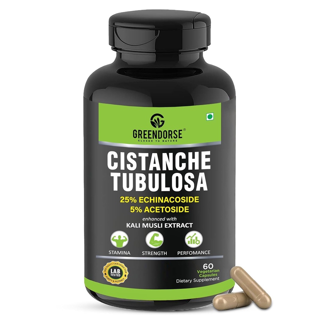 Organic Cistanche Tubulosa standardised to 25% Echinacoside, 5% Acetoside with Kali Musli Extract 1000mg 3rd Party Tested for Strength, Performance, Vitality- 60 Veg Capsules