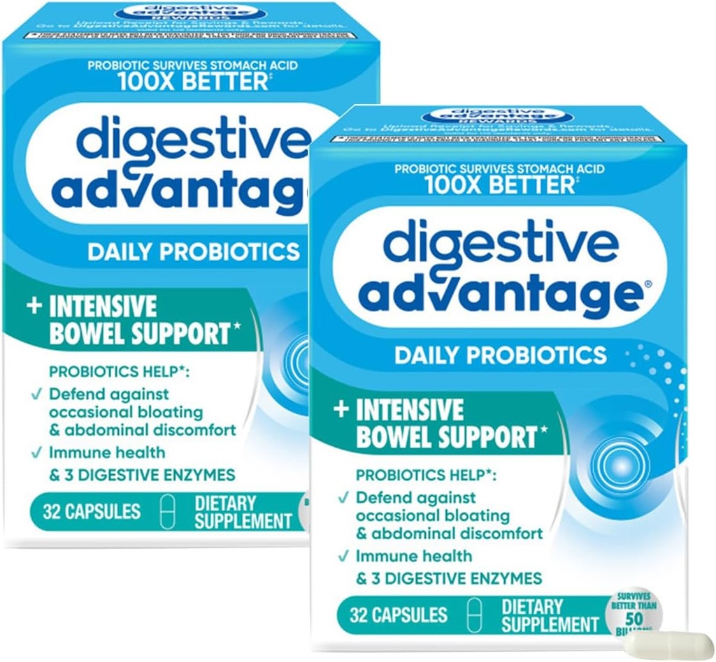 Digestive Πλεονέκτημα Έντονη υποστήριξη Bowel Probiotic Υπερασπίζεται ενάντια στο αέριο & Bloating, 32 κάψουλες κόμη (2 Pack)