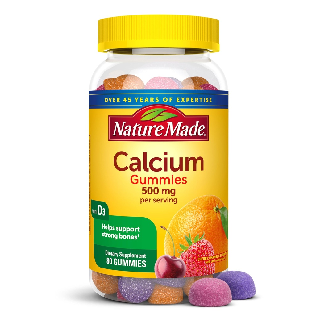Nature Made Calcium Gummies 500 mg ανά υπηρεσία με βιταμίνη D3, συμπλήρωμα ασβεστίου διατροφής για την υποστήριξη των οστών, 80 Gummies, 40 ημέρες προσφοράς
