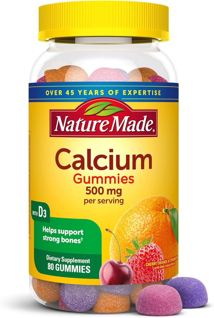 Nature Made Calcium Gummies 500 mg ανά υπηρεσία με βιταμίνη D3, συμπλήρωμα διατροφής για την υποστήριξη των οστών, 80 Gummies, 40 ημέρες προσφοράς