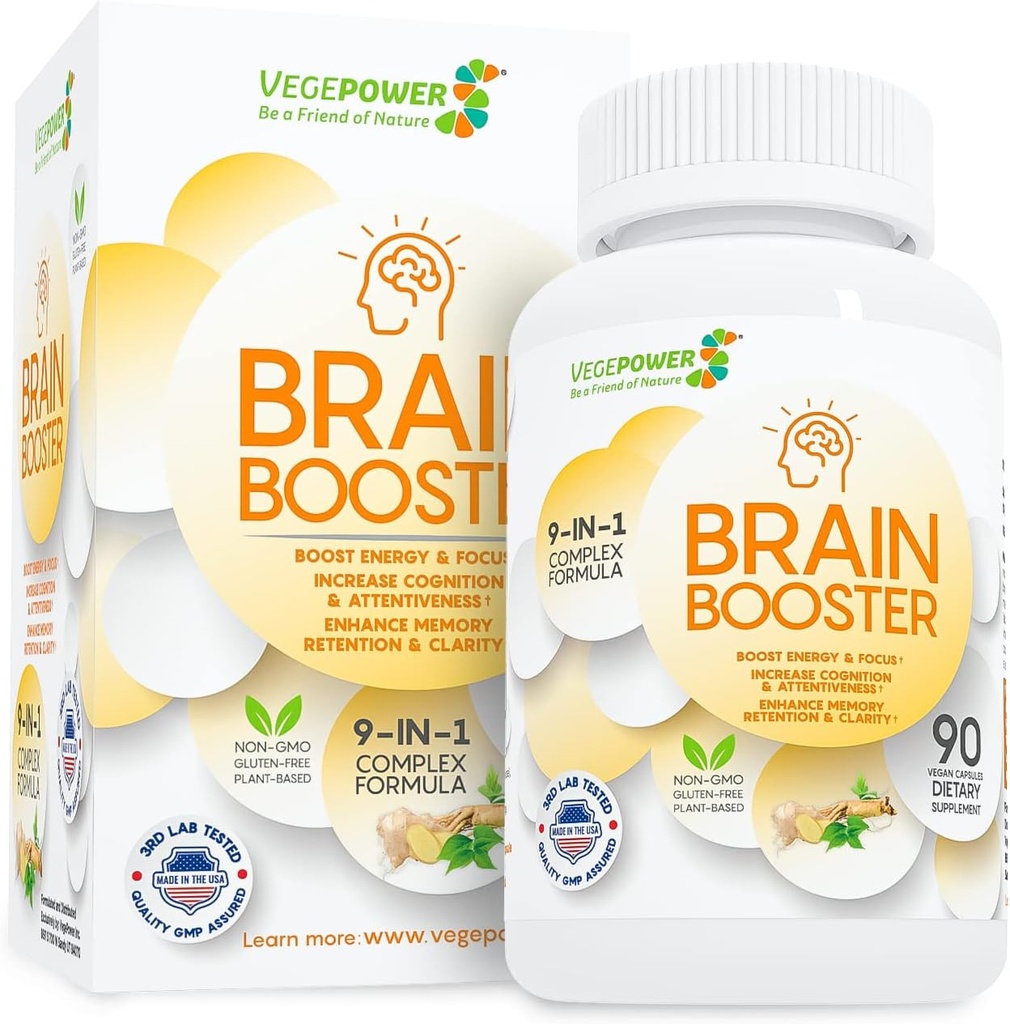 Brain Booster Natural Nootropics Supplement - Ενίσχυση Εστίασης, Μνήμη, Καθαρότητα, Ενέργεια και Μείωση της λησμονικότητας κατά της γήρανσης για γυναίκες άνδρες, Guarana, Ginseng, Rhodiola Extract Vegan 90 κάψουλες