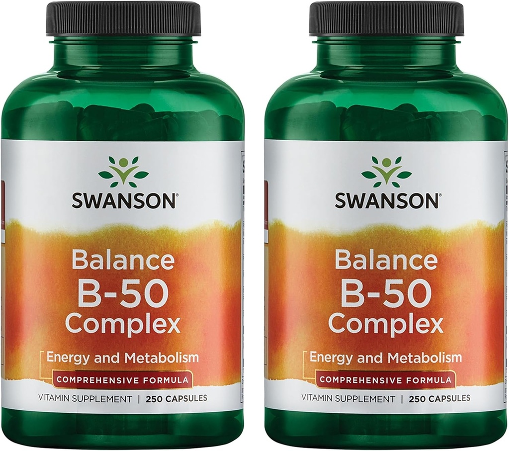 Swanson B-50 B-Complex - Β Βιταμίνη Σύμπλεγμα με Υψηλή Ικανότητα & βιοδιαθεσιμότητα - Προάγει την υποστήριξη ανοσοποιητικού συστήματος, Βοηθά την Υγεία της Καρδιάς, & Υποστηρίζει Υγιεινό Νευρικό Σύστημα - (250 Κάψουλες) (2 Συσκευασία)