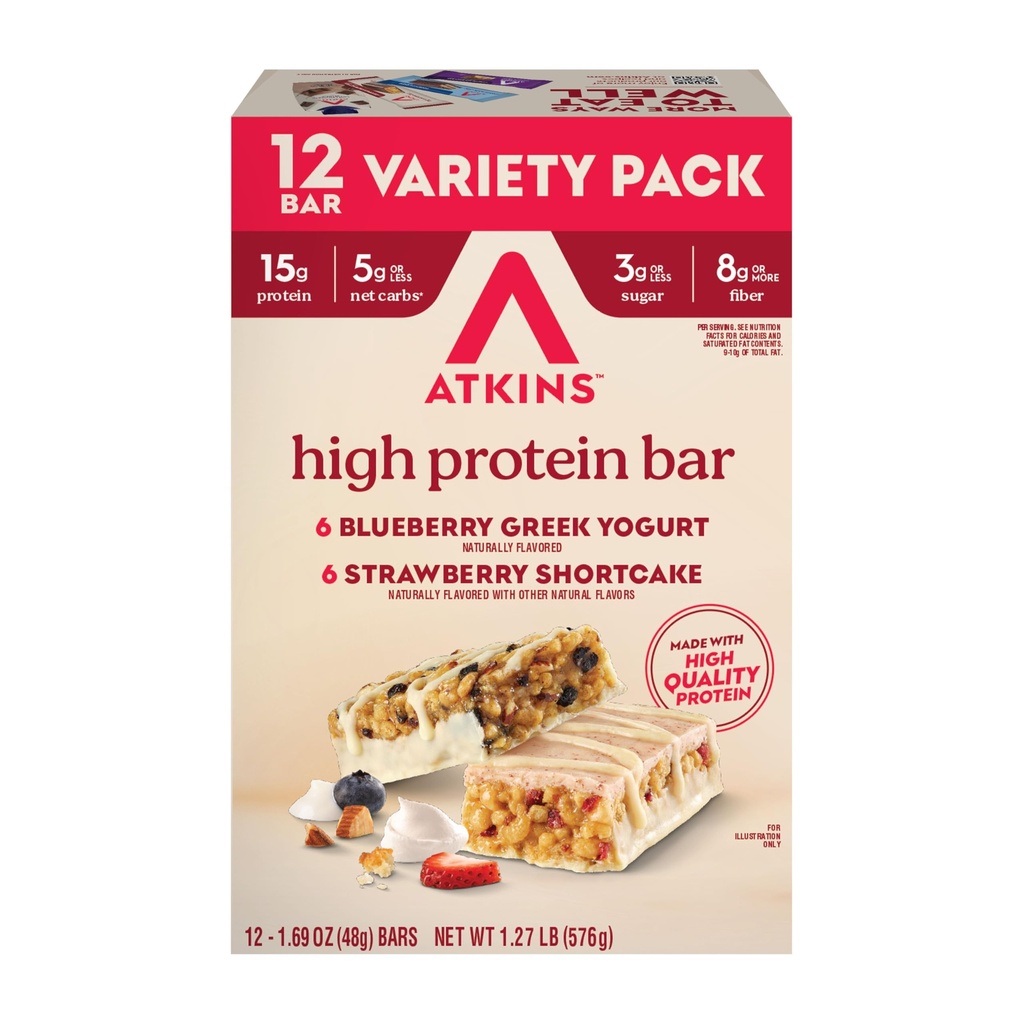 Atkins Blueberry Greek Yogurt & Strawberry Shortcake High Protein Bar, High Fiber, Keto Friendly, 12 Count (6 Bars Κάθε Γεύση)