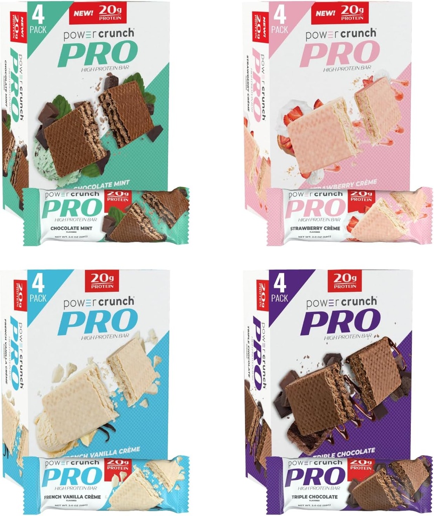 Power Crunch PRO Protein Wafer Bars, Variety Pack, σε 4 Γεύσεις 2.0 Ουγγιά Bars (16 κόμης). Υψηλή πρωτεΐνη