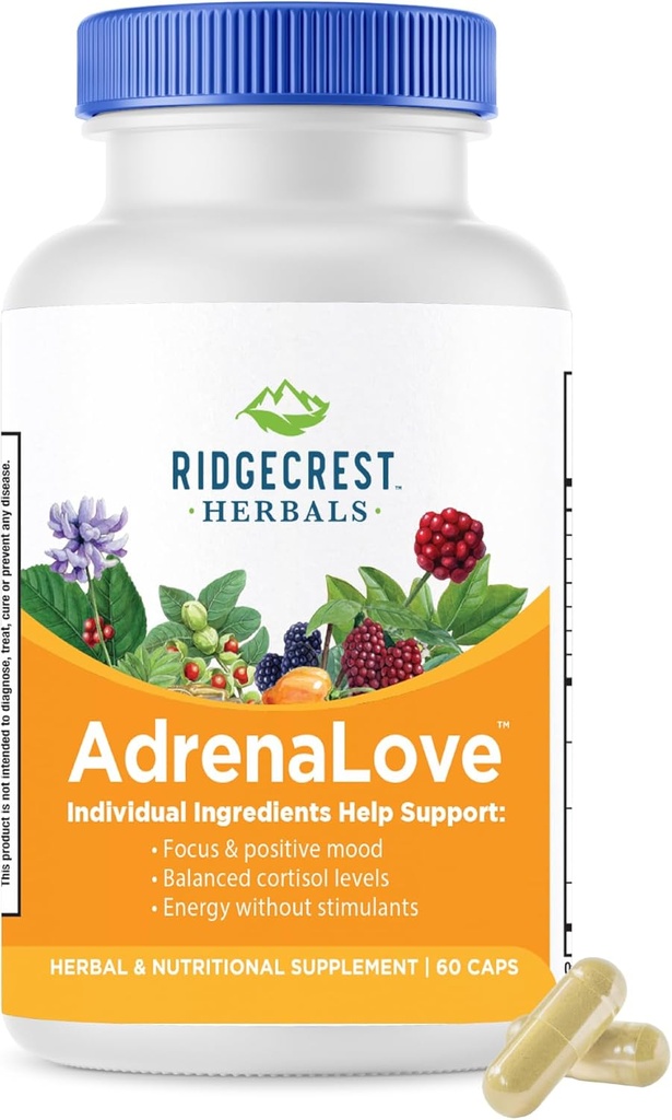 Ridgecrest Herbals AdrenaLove, άγχος και την ενεργειακή υποστήριξη συμπλήρωμα με Ashwagandha, L-Θεανίνη, Ginseng, Schisandra, Ταυρίνη, Άγιος Βασίλειος, Adaptogens, Βιταμίνες Β (60 Vegan Caps, 30 Serv)